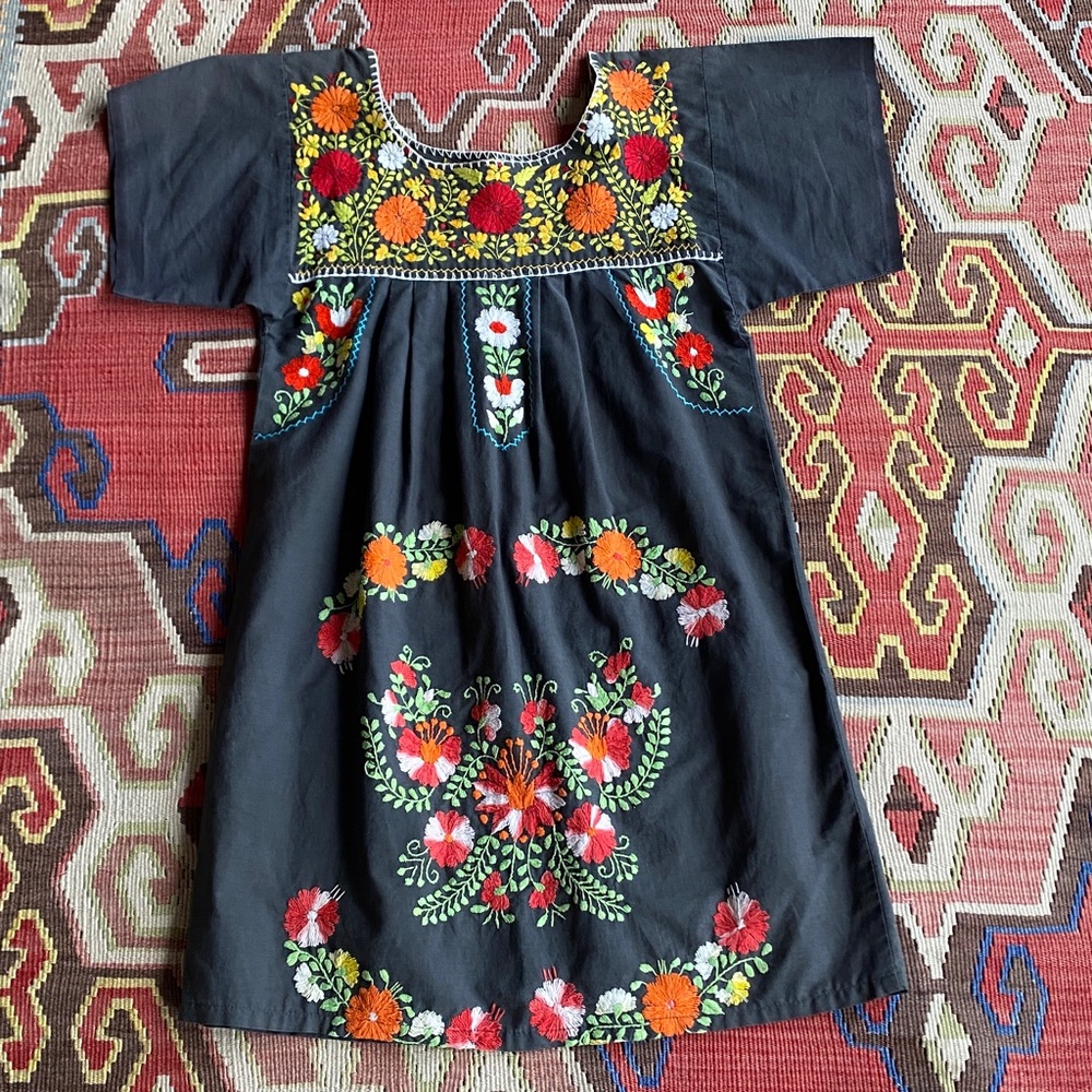Colorful Embroidered Floral Mexican Peasant Mini Dress -Cotton